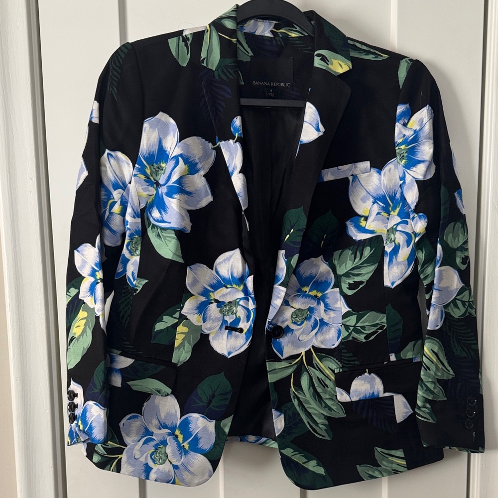Banana Republic Black Floral Blazer with Blue & Green Blossoms